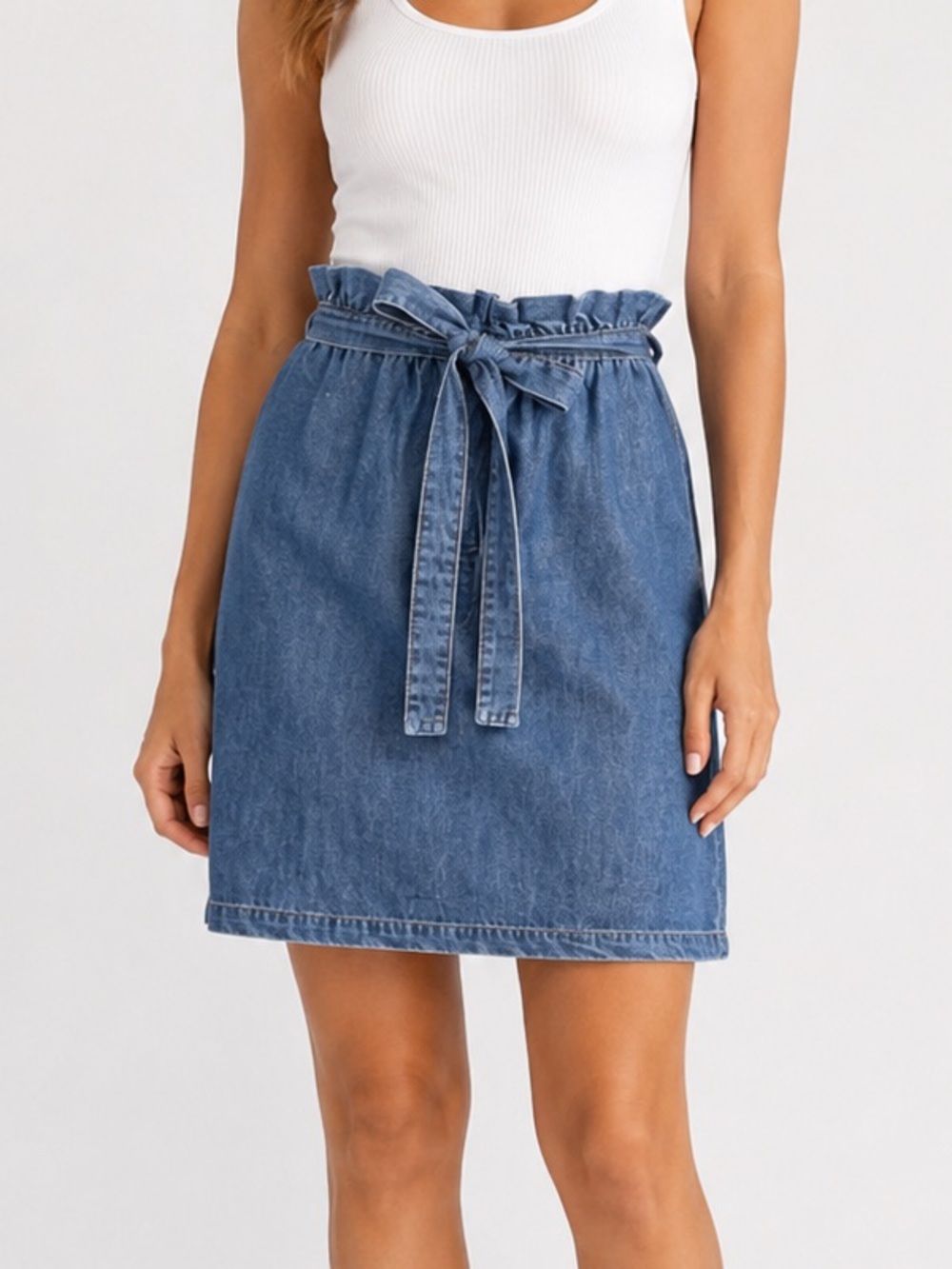 DownEast Paperbag Denim Skirt Blue Tie Waist A-Line Mini Jean Skirt Medium